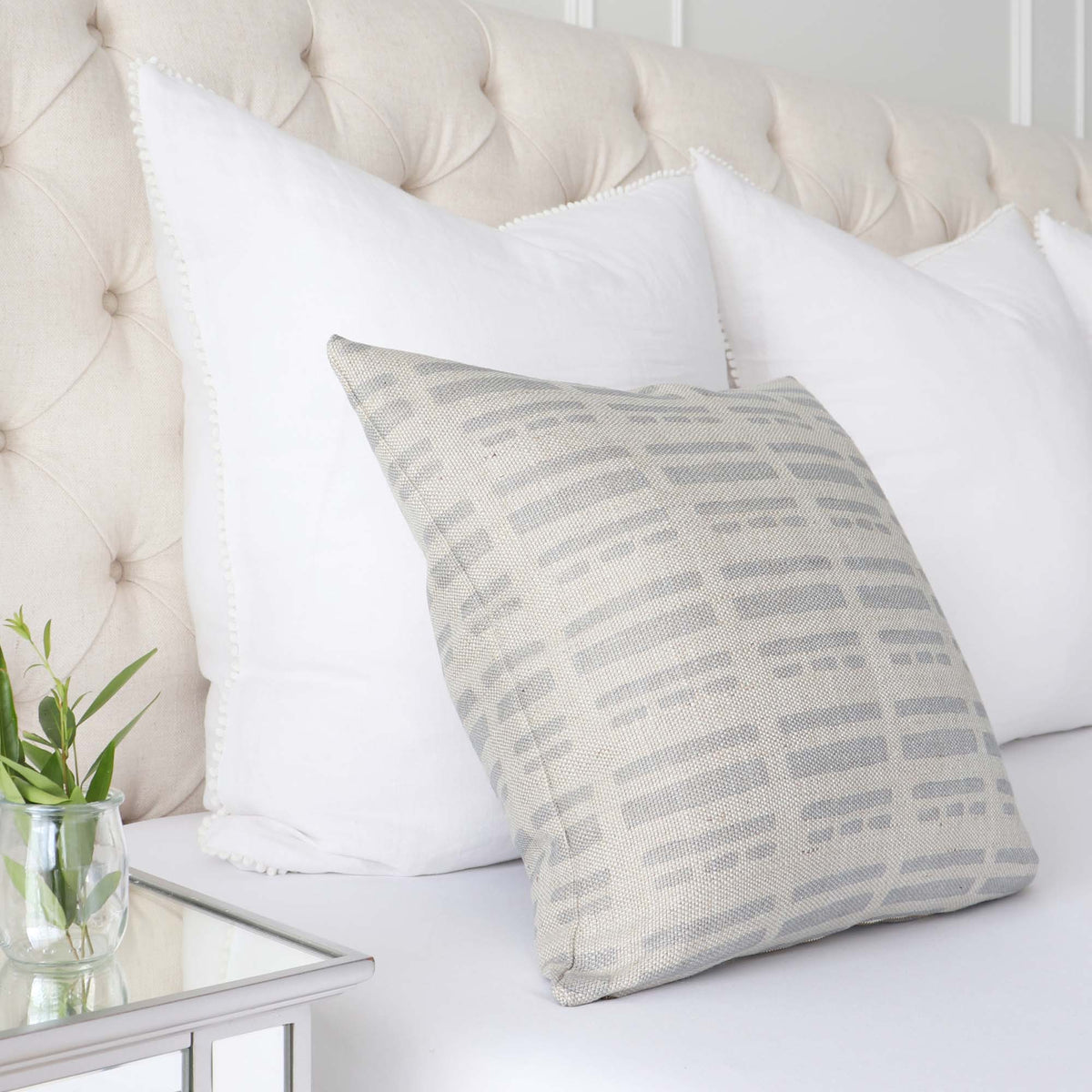 Kelly Wearstler Sift Silvermist Jute Striped Designer Throw Pillow Cover on Bed