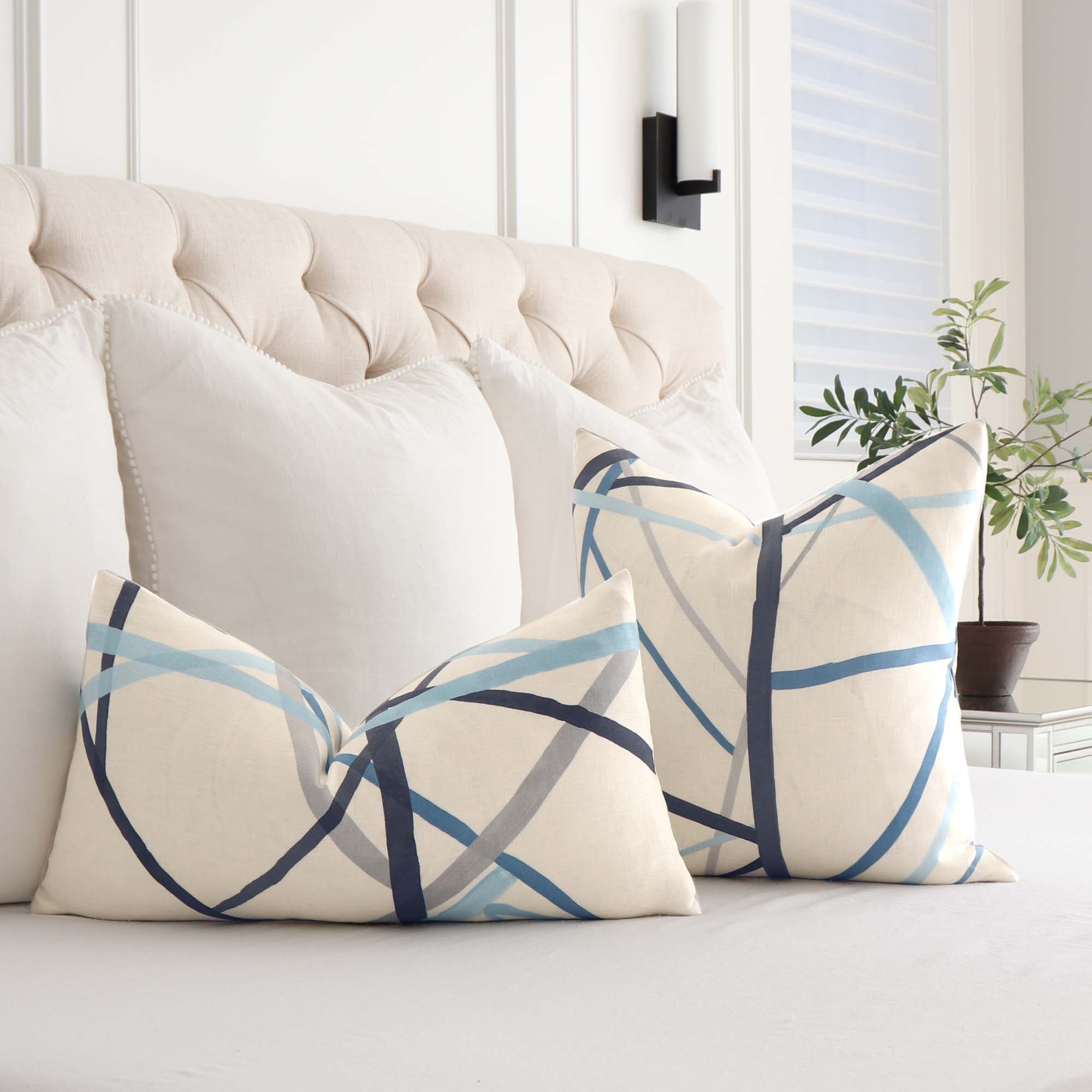 Kelly Wearstler Simpatico Sky Blue Striped Designer Throw Pillow Cover in Bedroom