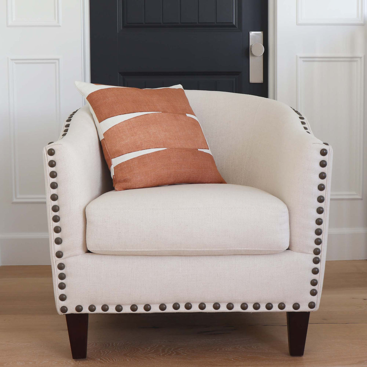 Kravet Couture Art District Stacked Clay Graphic Designer Luxury Decorative Throw Pillow Cover on Beige Accent Arm Chair