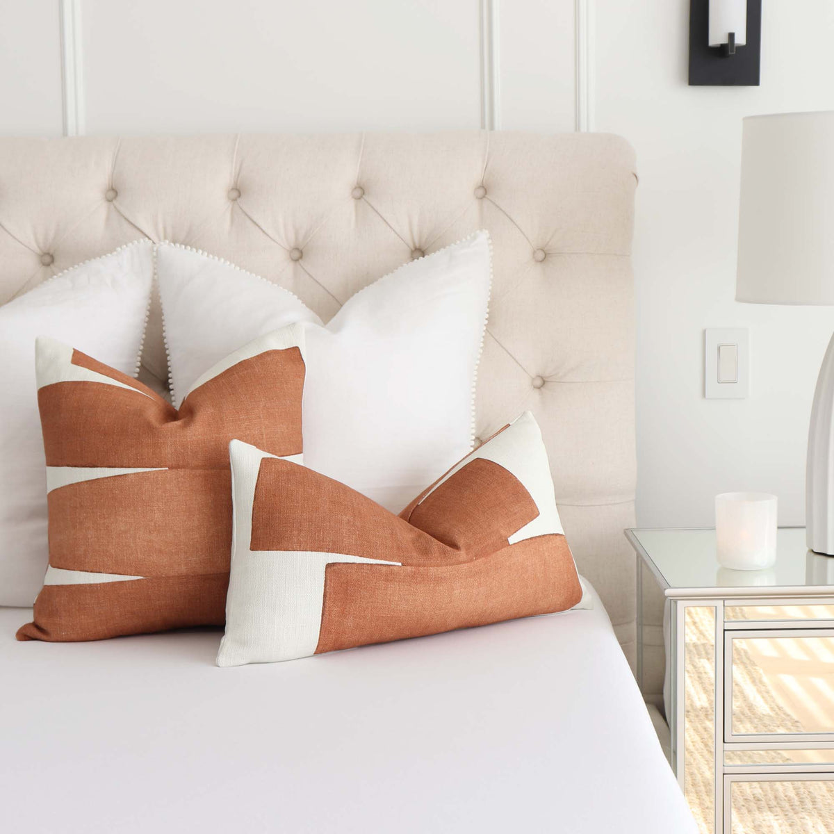 Kravet Couture Art District Stacked Clay Graphic Designer Luxury Decorative Throw Pillow Cover In Bedroom on Bed