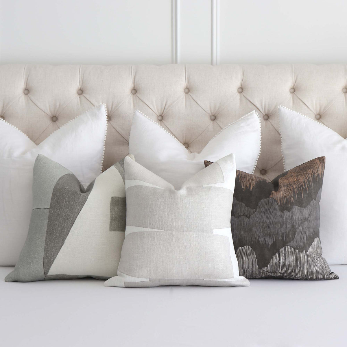 Kravet Stacked Fog Gray Graphic Print Designer Throw Pillow Cover with Complementing Throw Pillows
