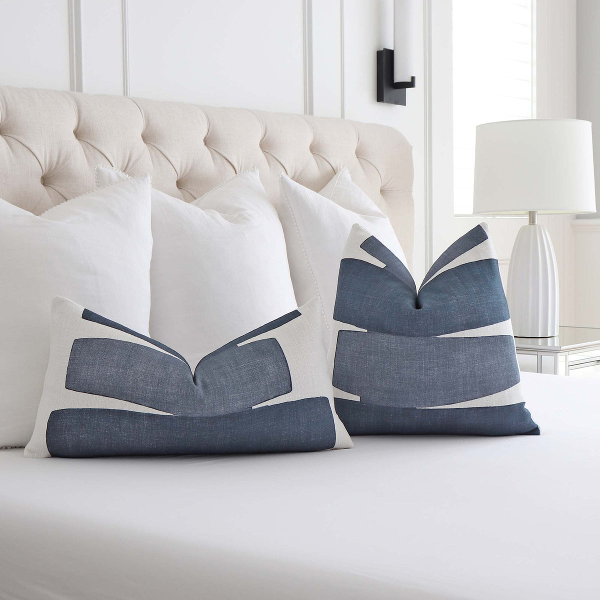 Kravet Stacked Indigo Blue Graphic Designer Throw Pillow Cover in Bedroom
