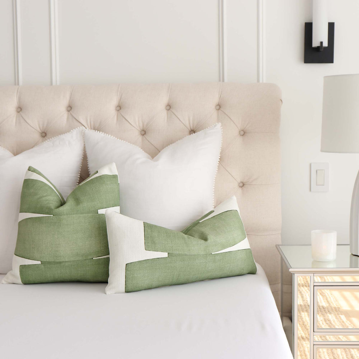 Kravet Couture Art District Stacked Leaf Green Graphic Designer Throw Pillow Cover  on Bed in Bedroom