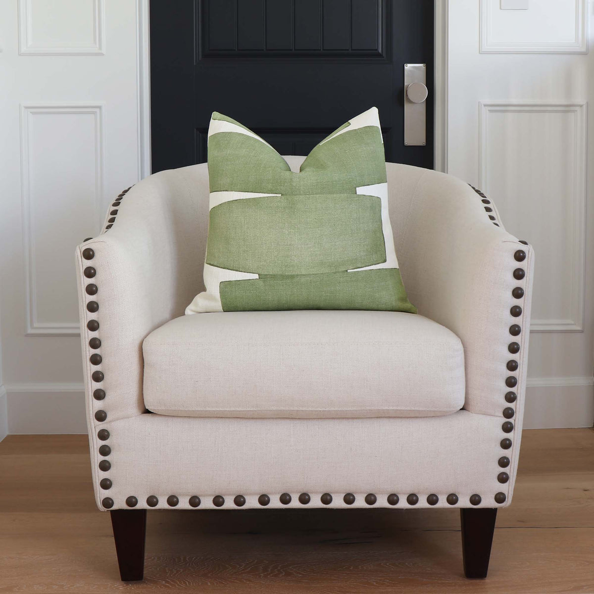 Kravet Couture Art District Stacked Leaf Green Graphic Designer Throw Pillow Cover on Accent Chair