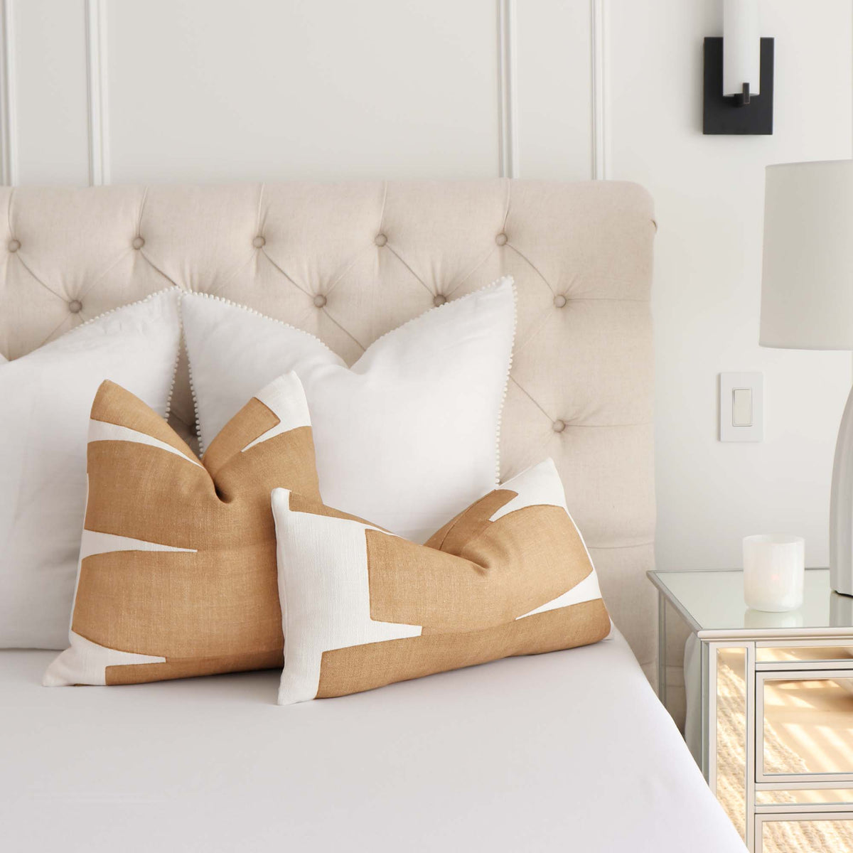 Kravet Couture Art District Stacked Saffron Graphic Designer Throw Pillow Cover in Bedroom on Bed