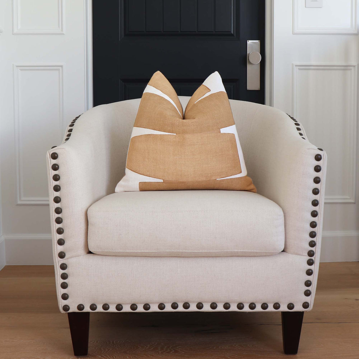 Kravet Couture Art District Stacked Saffron Graphic Designer Throw Pillow Cover on Beige Arm Chair