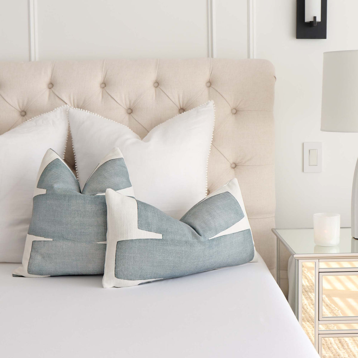 Kravet Couture Art District Stacked Slate Graphic Luxury Designer Throw Pillow Cover on Bed in Bedroom