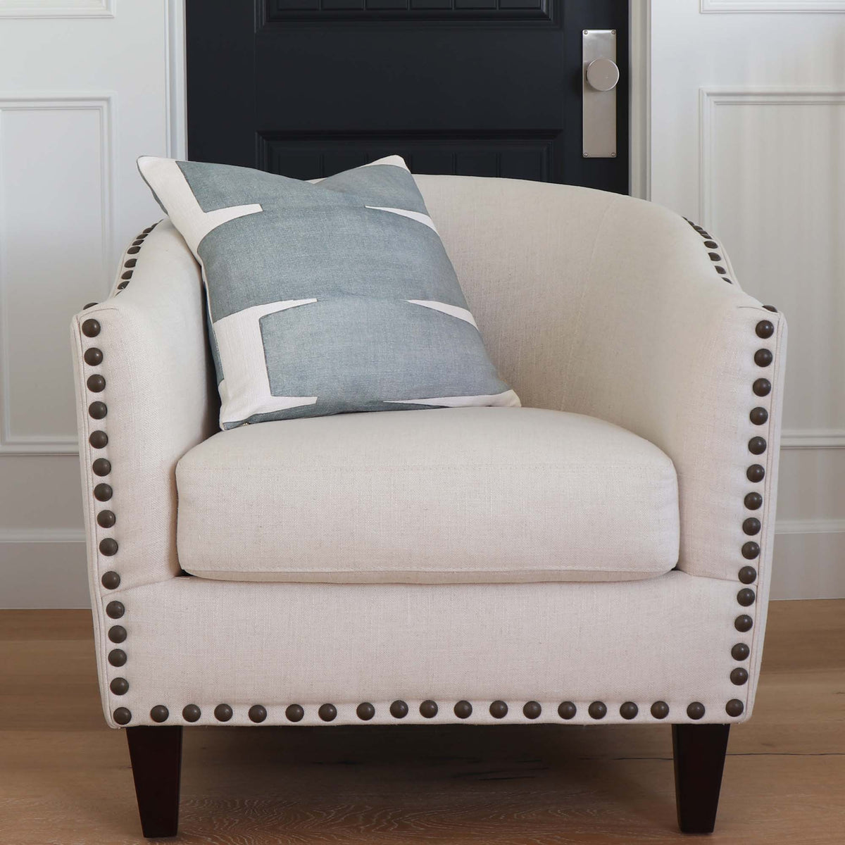 Kravet Couture Art District Stacked Slate Graphic Luxury Designer Throw Pillow Cover on Beige Accent Chair