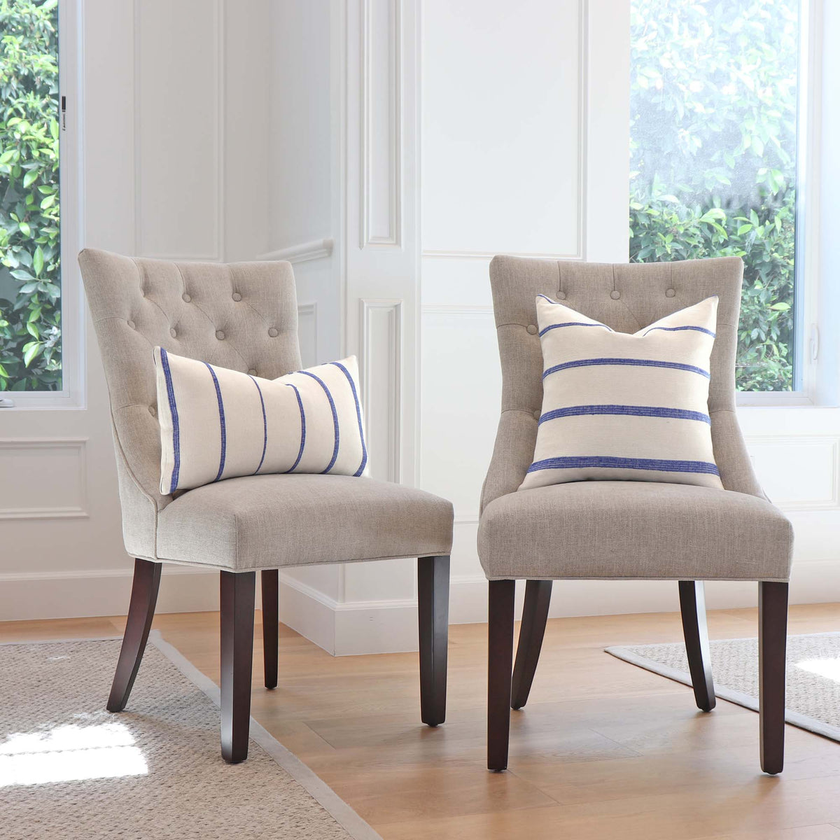 Cambaya Blue Handwoven Stripe Designer Textured Throw Pillow Cover on Chairs in Home Decor