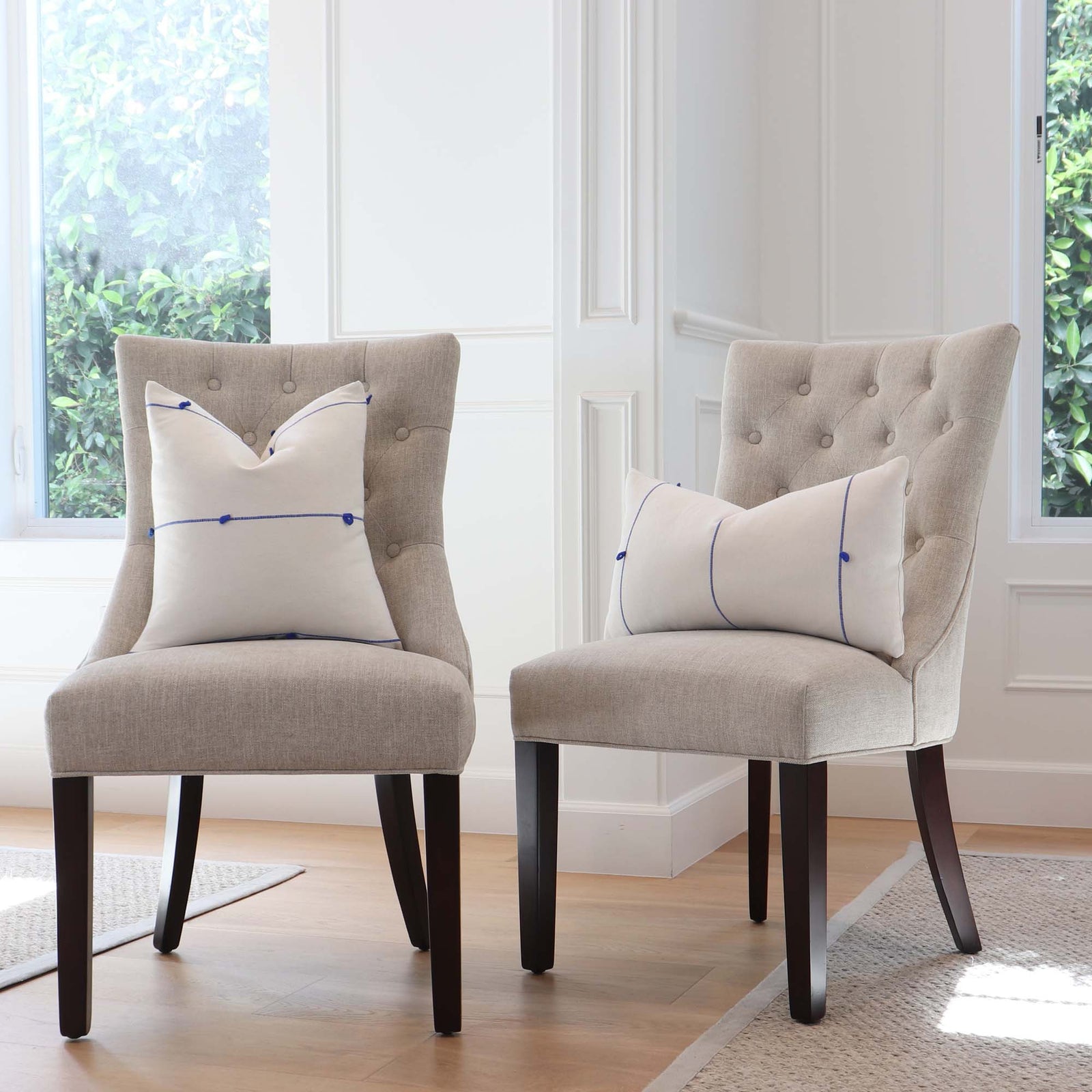 Schumacher Globo Knotted Handwoven Royal Blue Designer Textured Throw Pillow Cover on Chairs in Home Decor