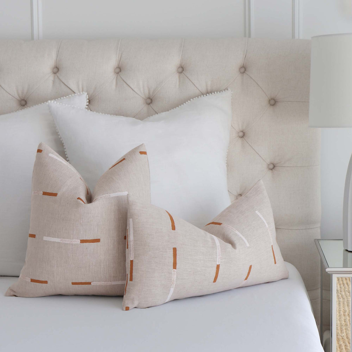 Schumacher Caroline Z Hurley Overlapping Dashes Brown and White in Hand block print decorative throw pillow cover on Bed