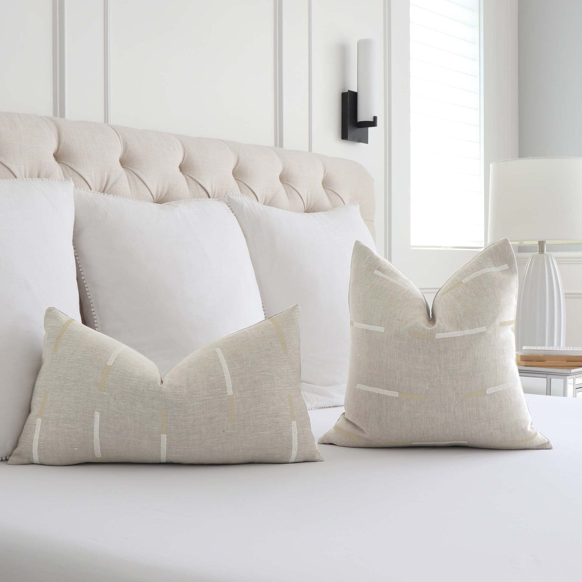Schumacher x Caroline Z Hurley Overlapping Dashes in Bluff Striped Designer Throw Pillow Cover in Bedroom on Bed