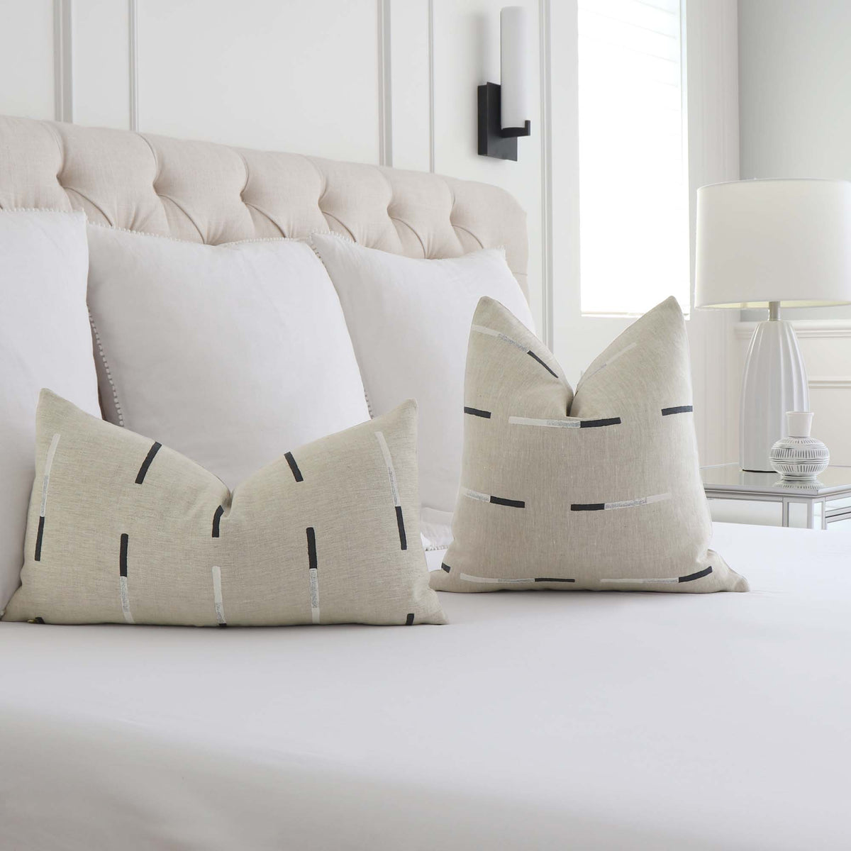 Schumacher x Caroline Z Hurley Overlapping Dashes Hand Block Designer Throw Pillow Cover in Bedroom