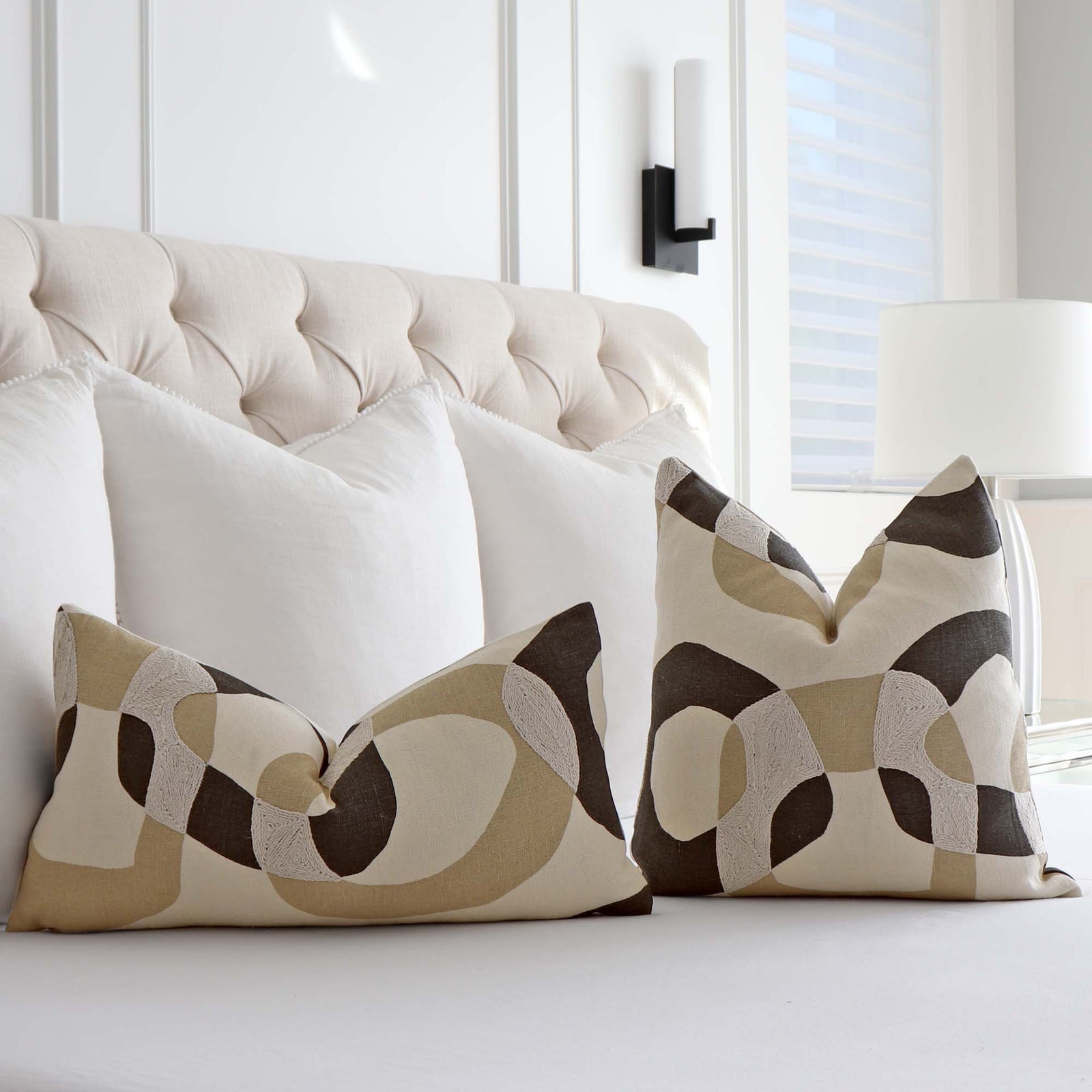 Schumacher Conrad Embroidered Dune Natural Graphic Geometric Designer Throw Pillow Cover