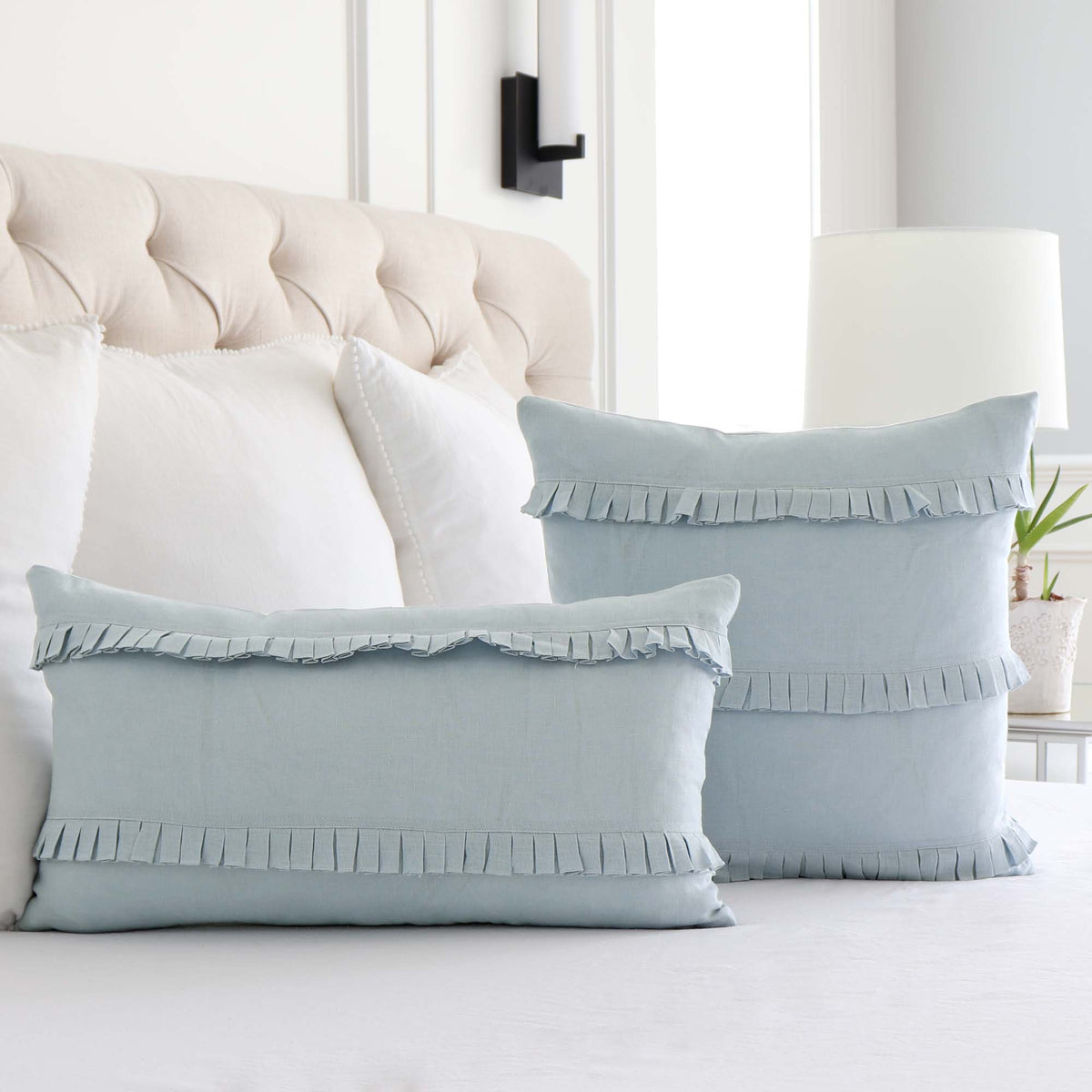 Schumacher Dorothy Pleated Linen Chambray Blue Designer Decorative Throw Pillow Cover in Bedroom