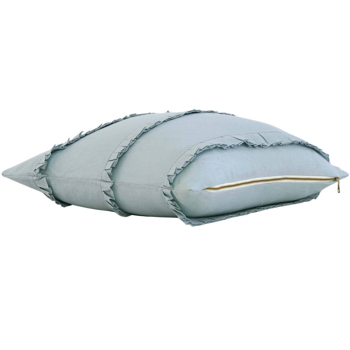 Schumacher Dorothy Pleated Linen Chambray Blue Designer Decorative Throw Pillow Cover with Exposed Brass Gold Zipper