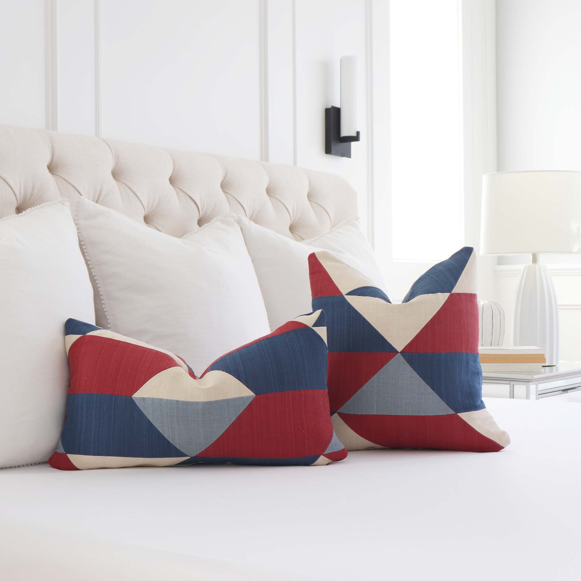 Schumacher Erindale Americana Red White Blue Patchwork Rustic Designer Throw Pillow Cover on Bed in Bedroom