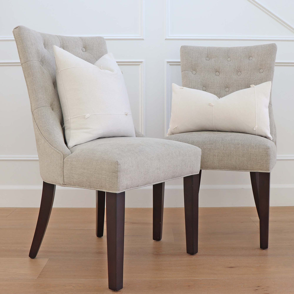 Schumacher Globo Knotted Handwoven Natural White Designer Textured Throw Pillow Cover On Dining Chairs in Home Decor