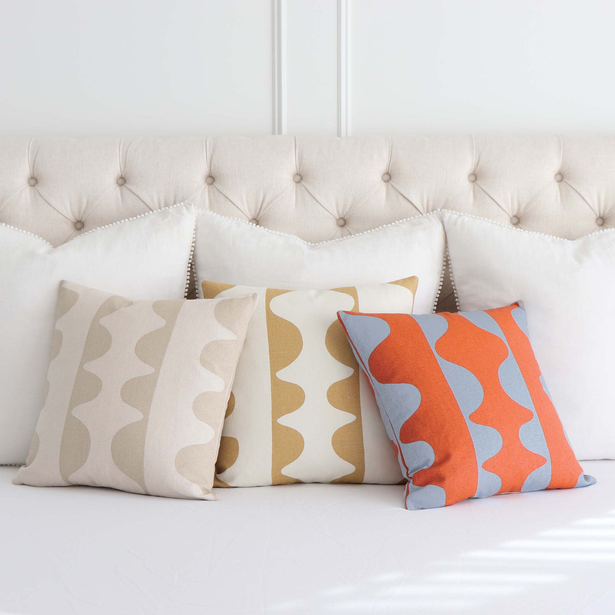 Schumacher Hadiya Williams Drift Hand Printed Geometric Stripe Luxury Designer Throw Pillow Covers on Bed