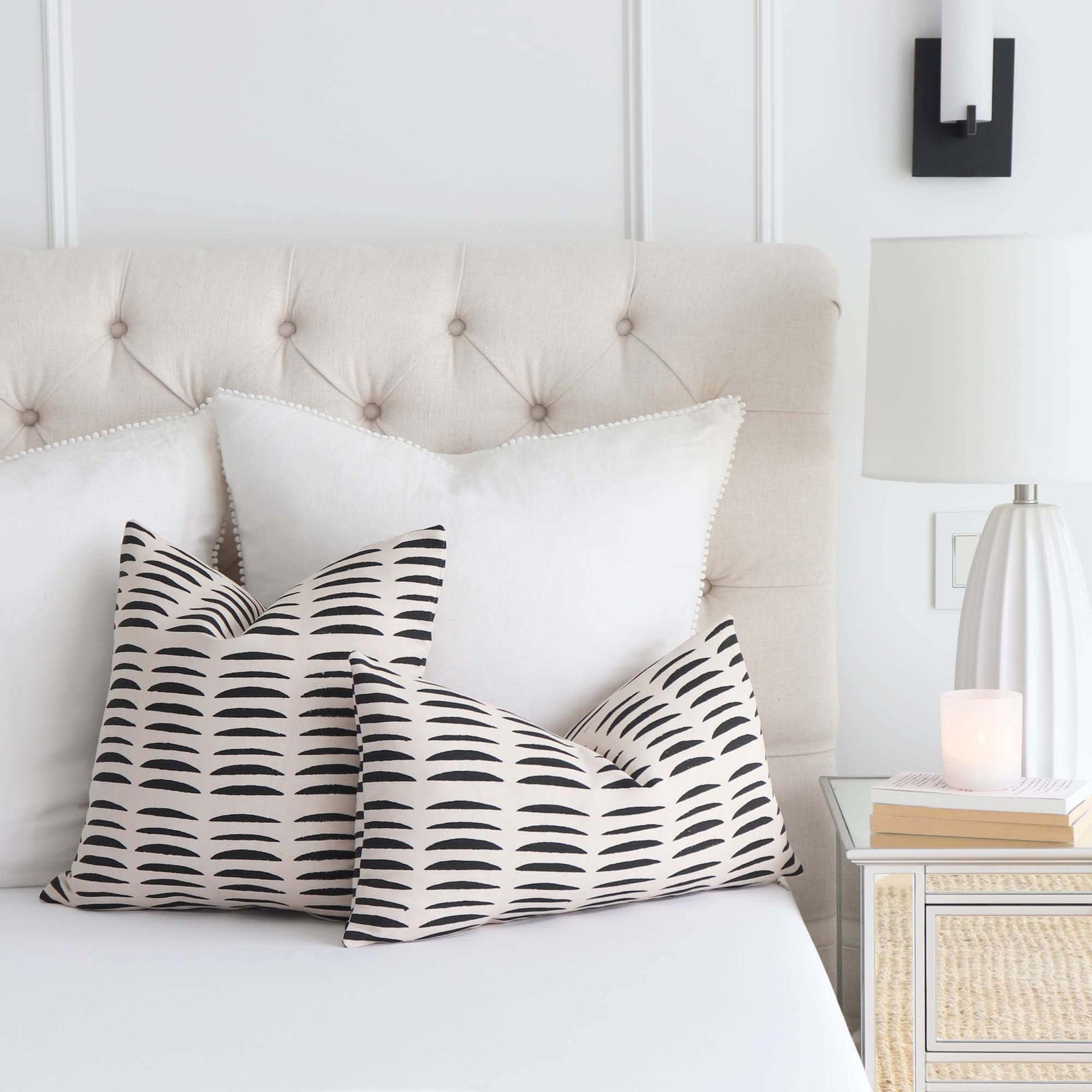 Schumacher Hadiya Williams Parable Charcoal Hand Block Print Graphic Designer Throw Pillow Cover on Bed