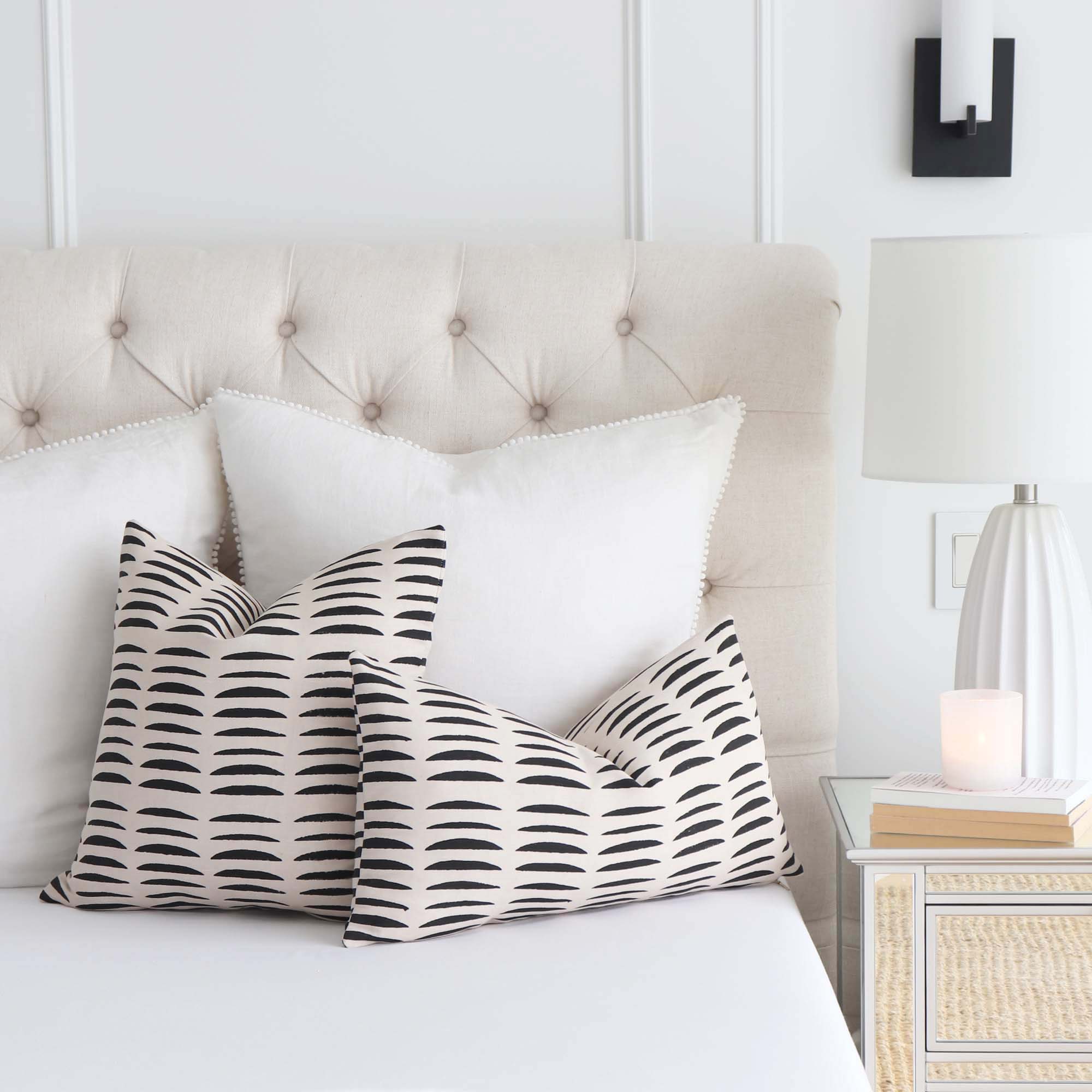 Schumacher Hadiya Williams Parable Charcoal Hand Block Print Graphic Designer Throw Pillow Cover on Bed