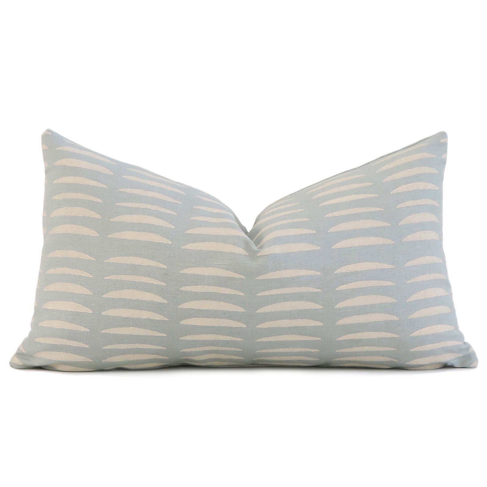 Schumacher Hadiya Williams Luxury Decorative Lumbar throw pillow cover with wavy hand block pattern on a light blue background