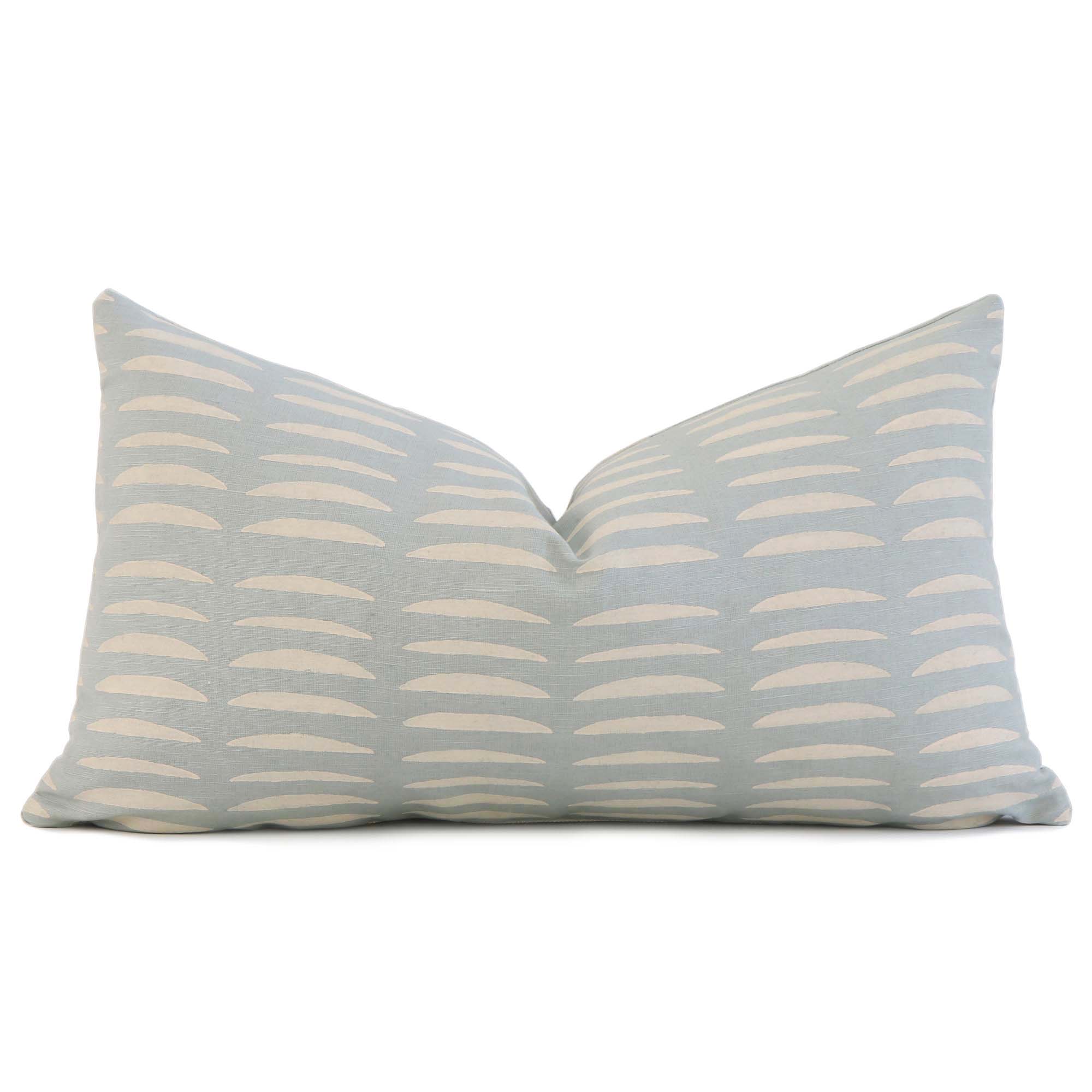 Schumacher Hadiya Williams Luxury Decorative Lumbar throw pillow cover with wavy hand block pattern on a light blue background