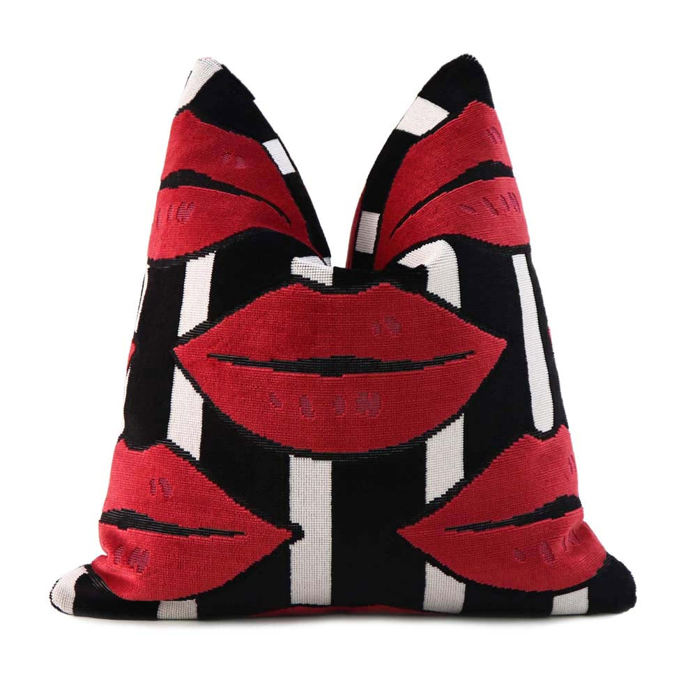 Schumacher Johnson Hartig Amuse Bouche Big Lip Print Throw Pillow Cover in Lipstick Red, Black and White