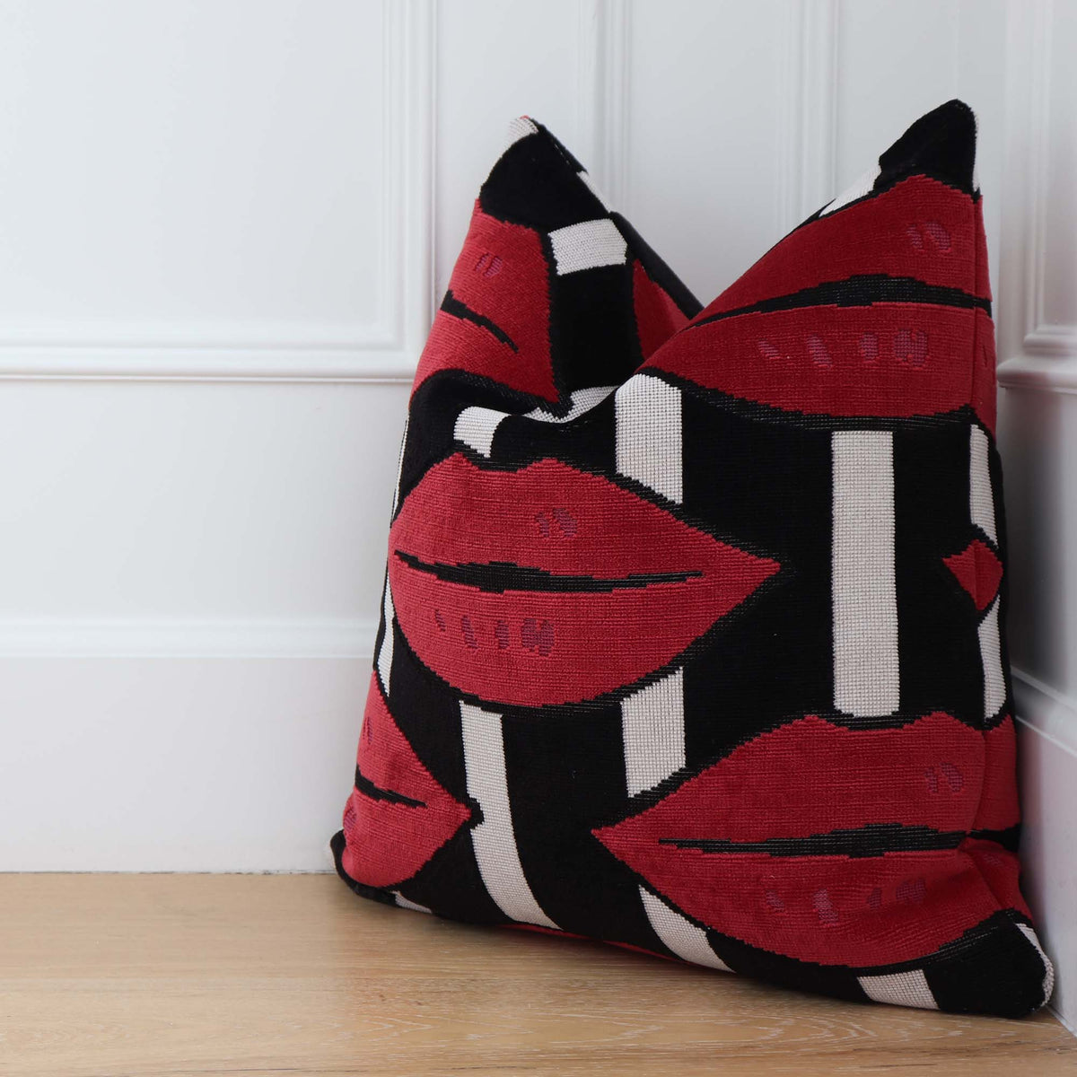 Schumacher Johnson Hartig Amuse Bouche Lipstick Red Lip Print Velvet Luxury Designer Throw Pillow Cover in Home