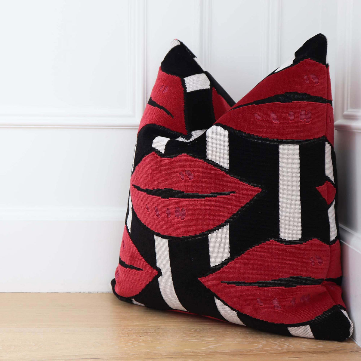 Schumacher Johnson Hartig Amuse Bouche Big Lip Print Throw Pillow Cover in Lipstick Red, Black and White in Home