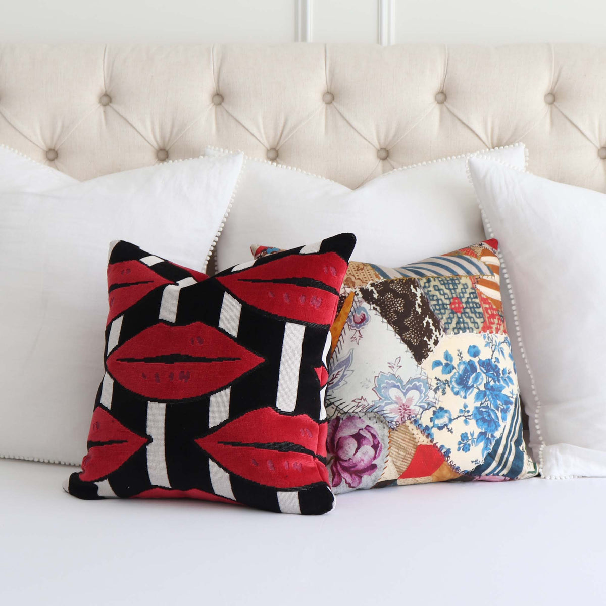 Schumacher Johnson Hartig Amuse Bouche Lipstick Red Lip Print Velvet Luxury Designer Throw Pillow Cover with Complementing Throw Pillow