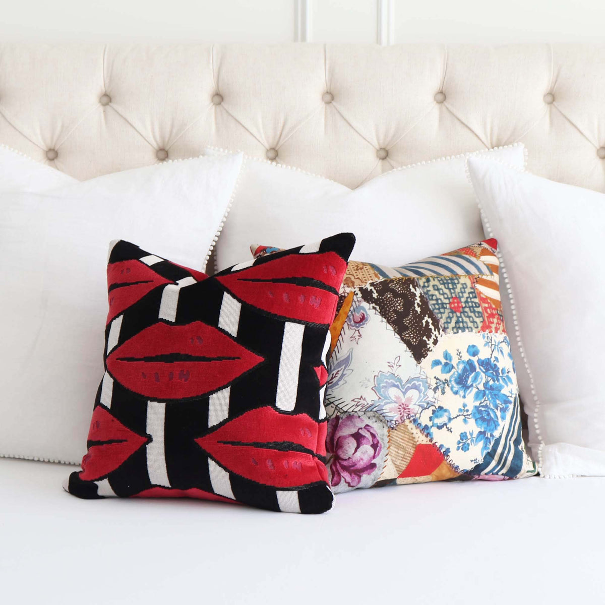 Schumacher Johnson Hartig Amuse Bouche Big Lip Print Throw Pillow Cover in Lipstick Red, Black and White with Coordinating Throw Pillow