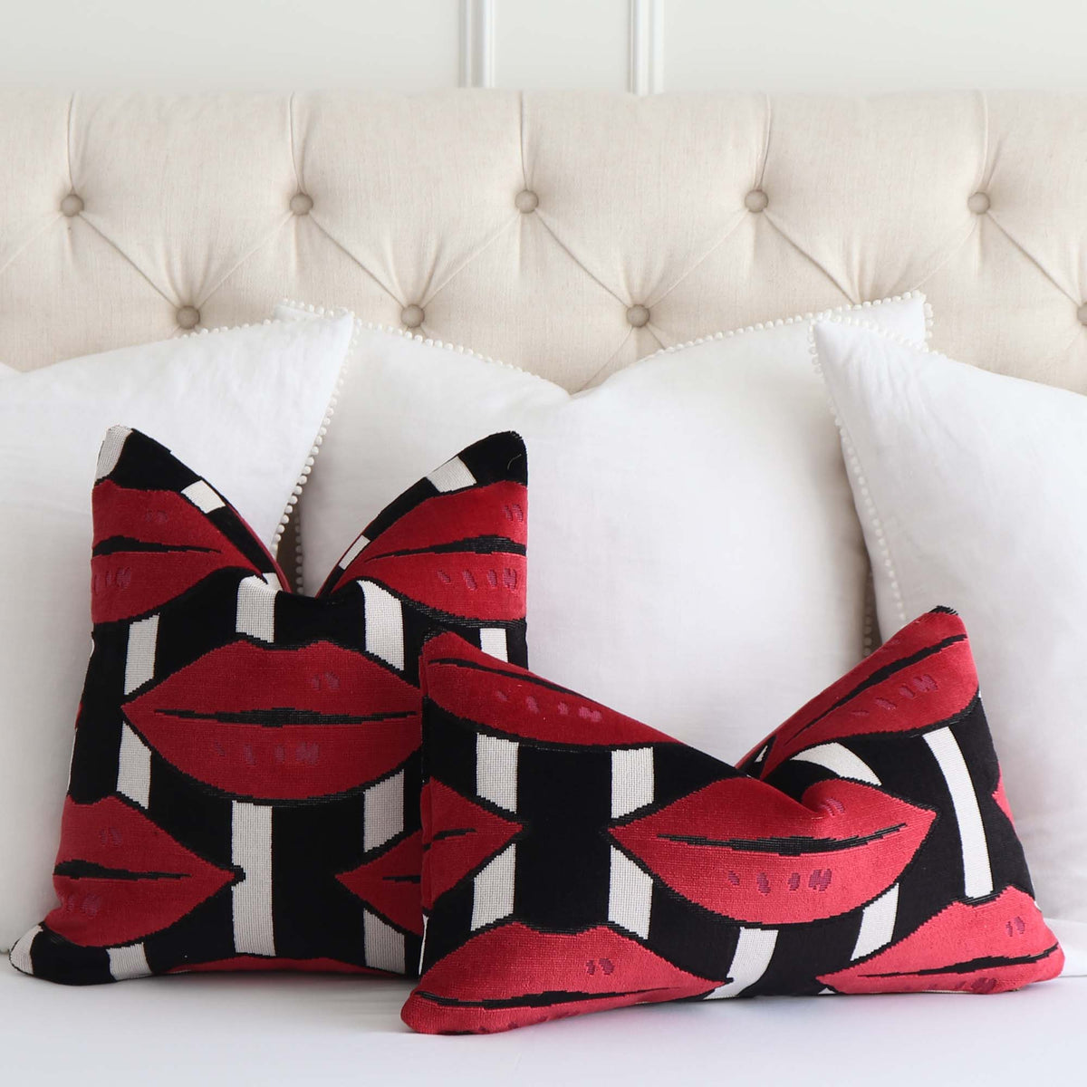 Schumacher Johnson Hartig Amuse Bouche Lipstick Red Lip Print Velvet Luxury Designer Throw Pillow Cover on Bed
