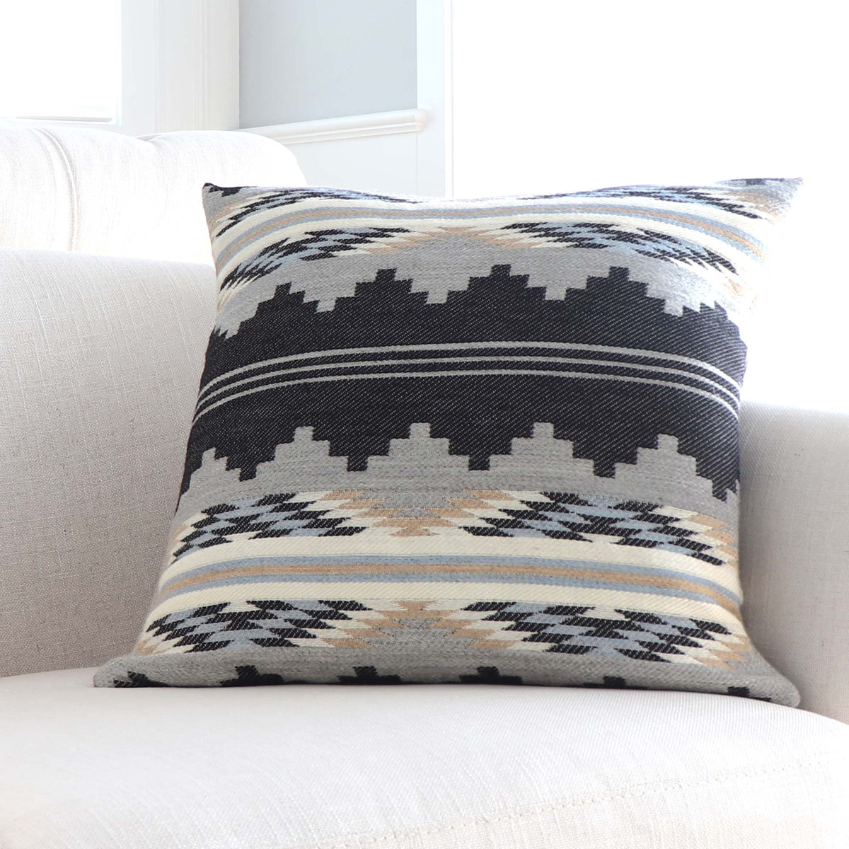 Schumacher Monsoon Navy Blue Wool Southwestern Style Designer Luxury Geometric Throw Pillow Cover on Accent Chair