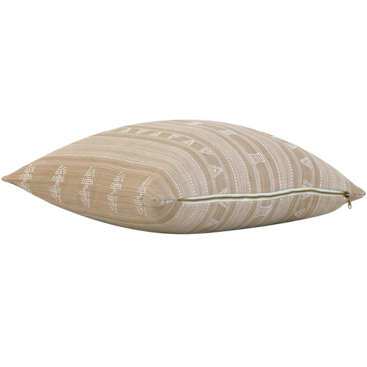 Schumacher Nima Embroidered Cotton Tan Geometric Pattern Designer Luxury Throw Pillow Cover with Exposed Brass Gold Zipper