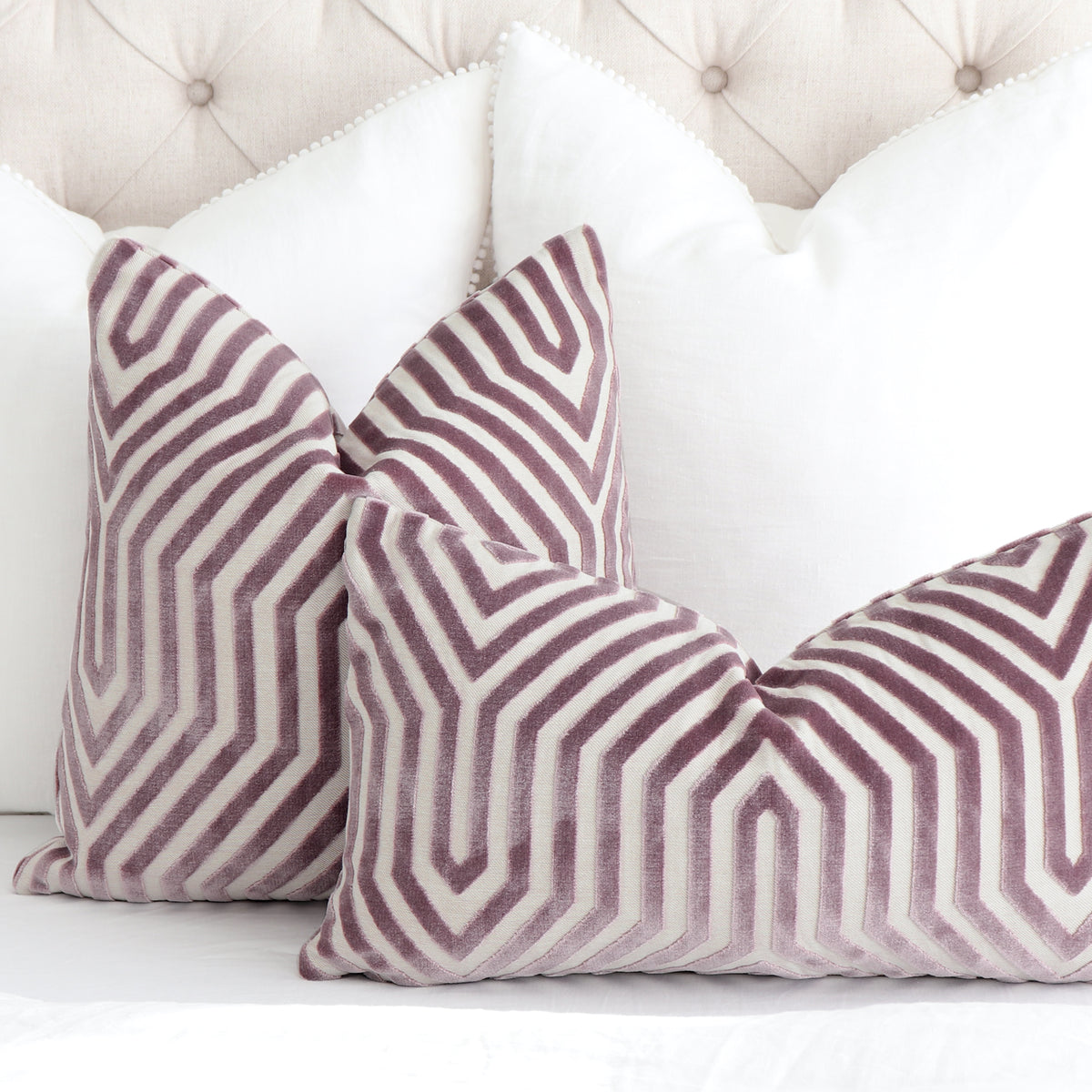 Vanderbilt Lilac Cut Velvet Decorative Designer Throw Pillow Cover with Large White Shams