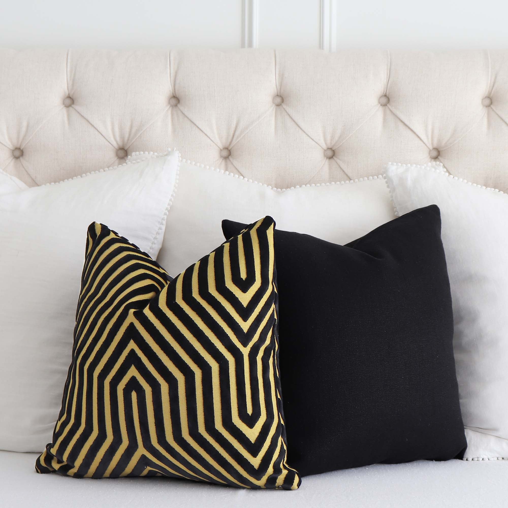 Schumacher Vanderbilt Velvet Tortoise Black Gold Cut Velvet Designer Luxury Decorative Throw Pillow Cover with Complementing Throw Pillow on Bed