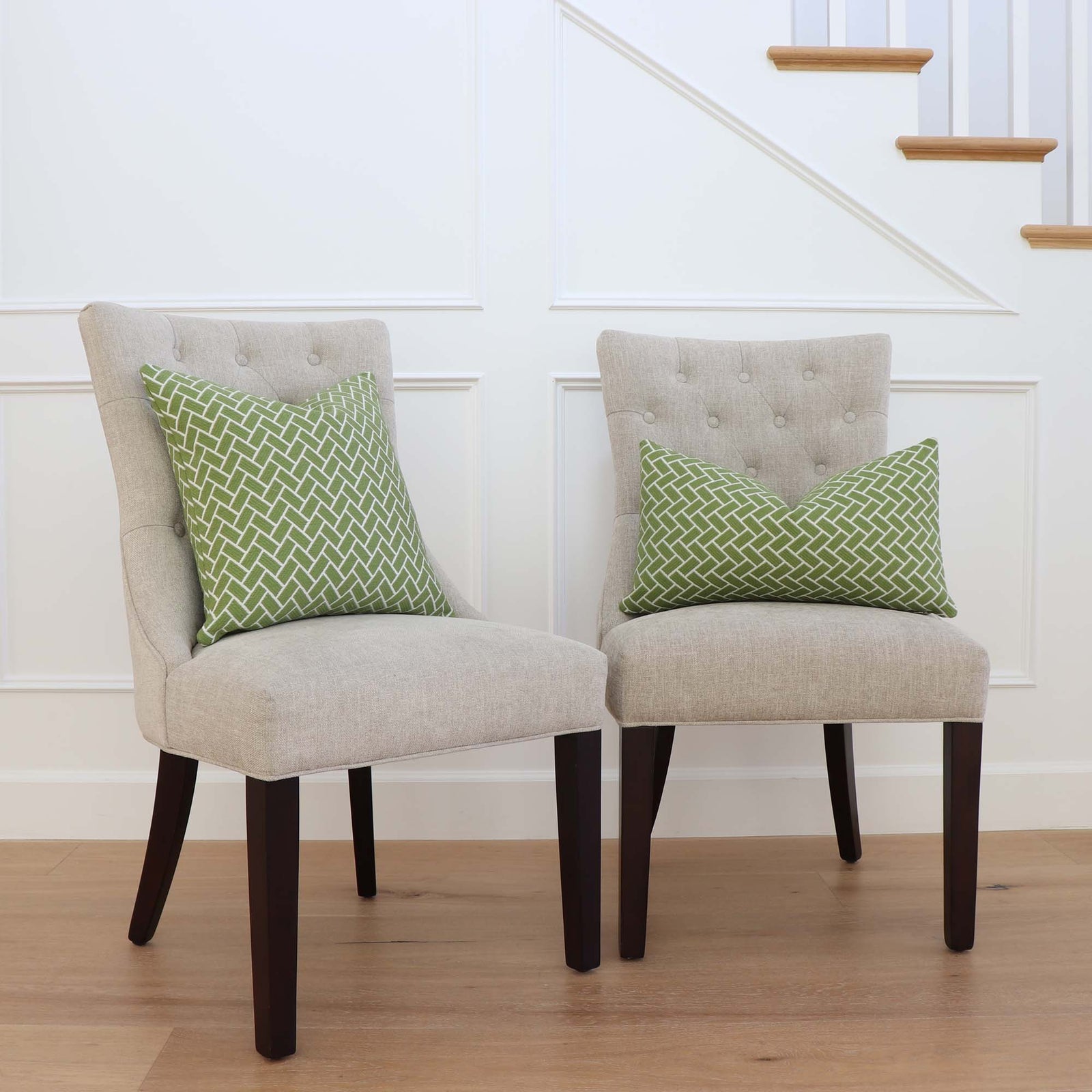 Thibaut Cobblestone Spring Lime Green Performance Textured Designer Decorative Chevron Throw Pillow Cover on Chairs in Home Decor