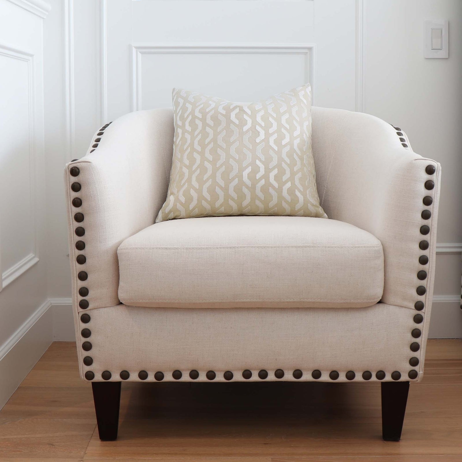 Thibaut Coronado Embroidery Beige Geometric Luxury Designer Throw Pillow Cover on Accent Chair