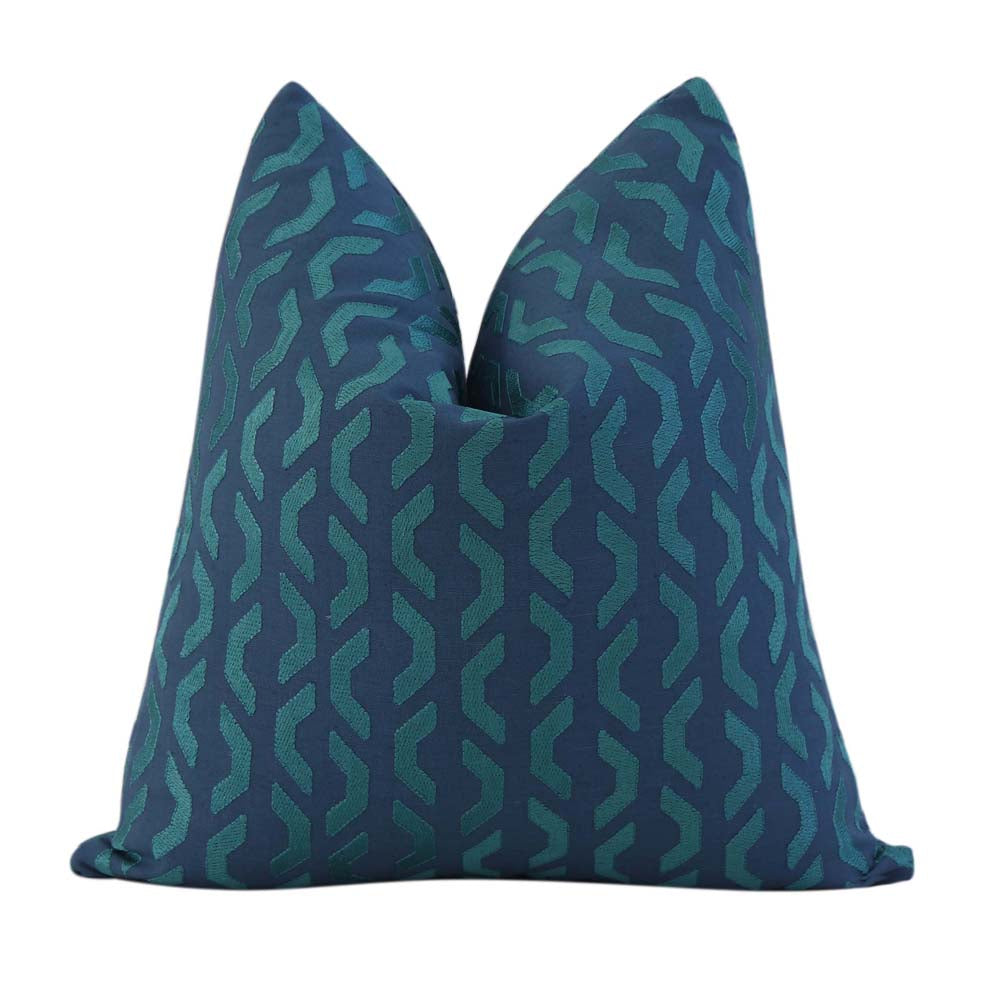 Thibaut Coronado Embroidery Blue and Teal Striped Designer Decorative Throw Pillow