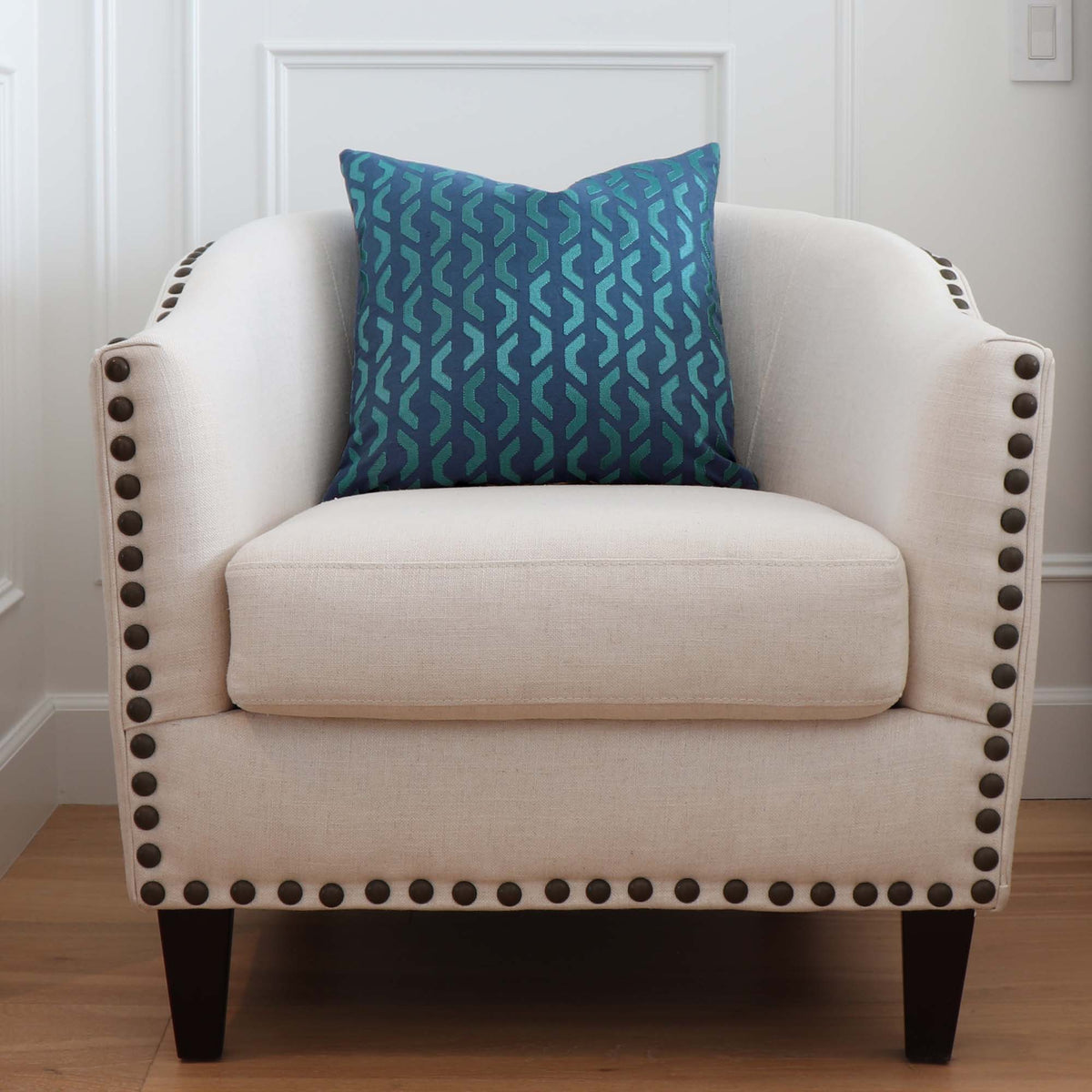 Thibaut Coronado Embroidery Blue and Teal Striped Designer Decorative Throw Pillow on White Accent Barrel Chair