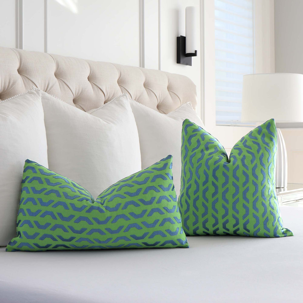 Thibaut Coronado Embroidery Green Blue Geometric Luxury Designer Throw Pillow Cover in Bedroom