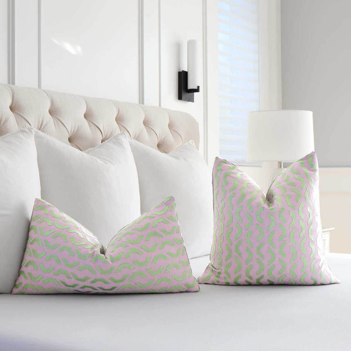 Thibaut Coronado Embroidery Lavender Geometric Designer Luxury Throw Pillow Cover in Bedroom on Bed