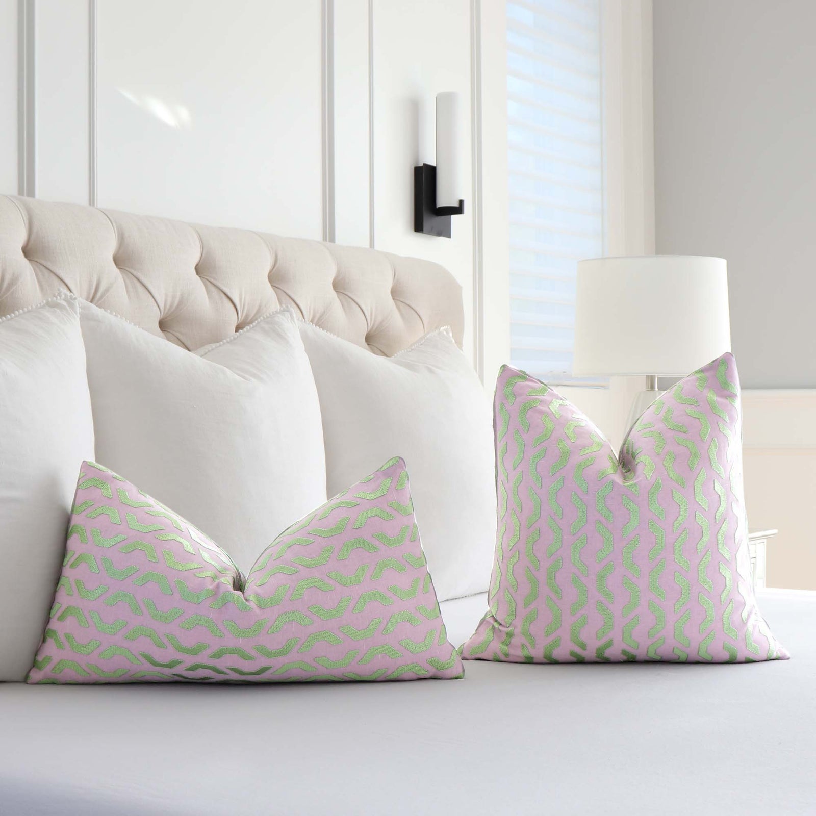 Thibaut Coronado Embroidery Lavender Geometric Designer Luxury Throw Pillow Cover in Bedroom on Bed