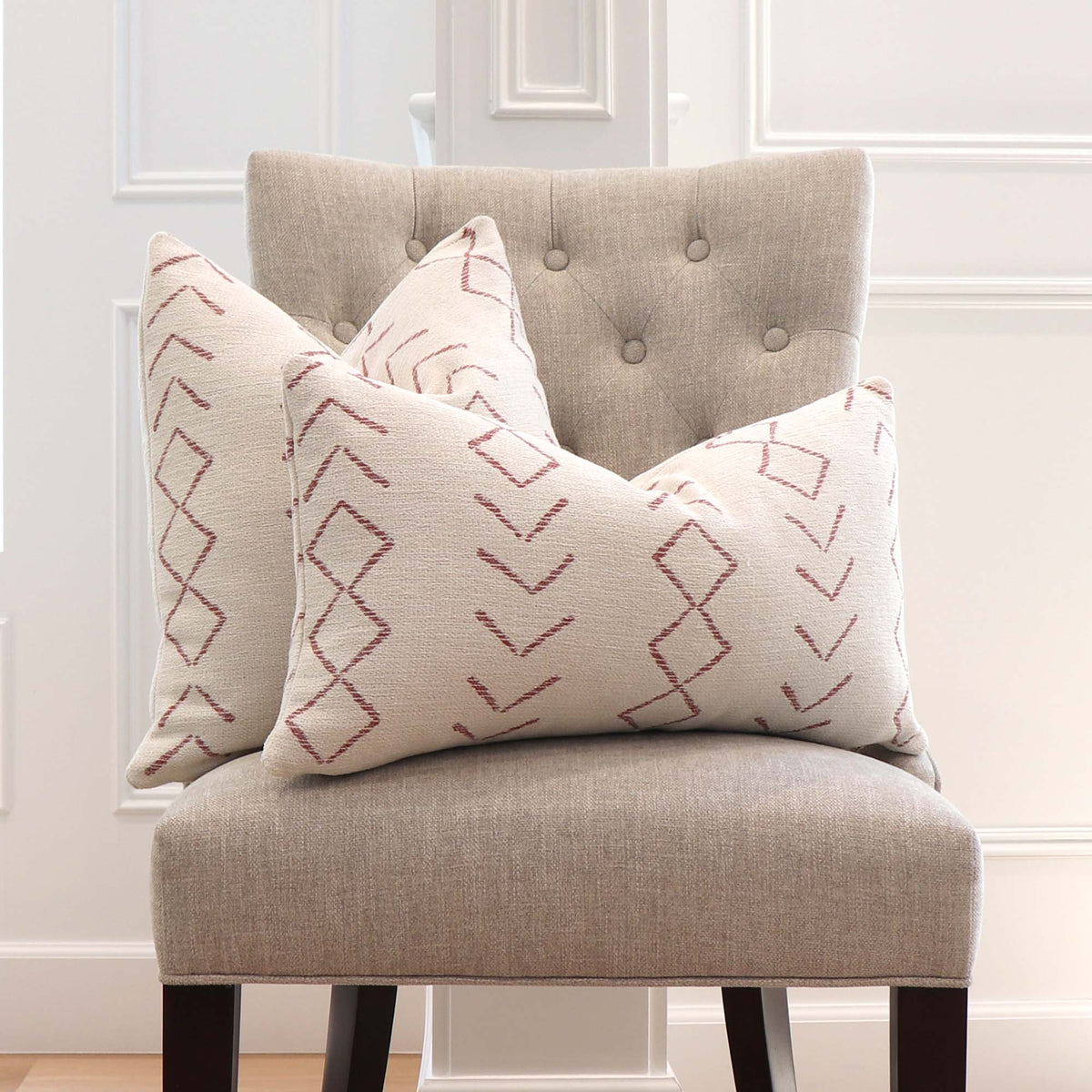 Thibaut Performance Anasazi Canyon Red Woven Striped Designer Luxury Throw Pillow Cover on Armless Chair in Living Room