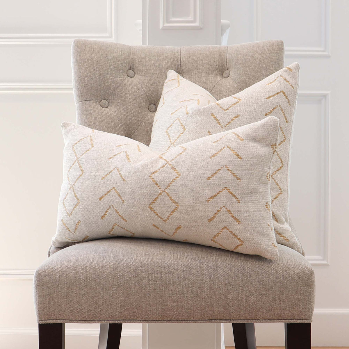Thibaut Performance Anasazi Straw Yellow Woven Striped Designer Luxury Throw Pillow Cover on White Chair