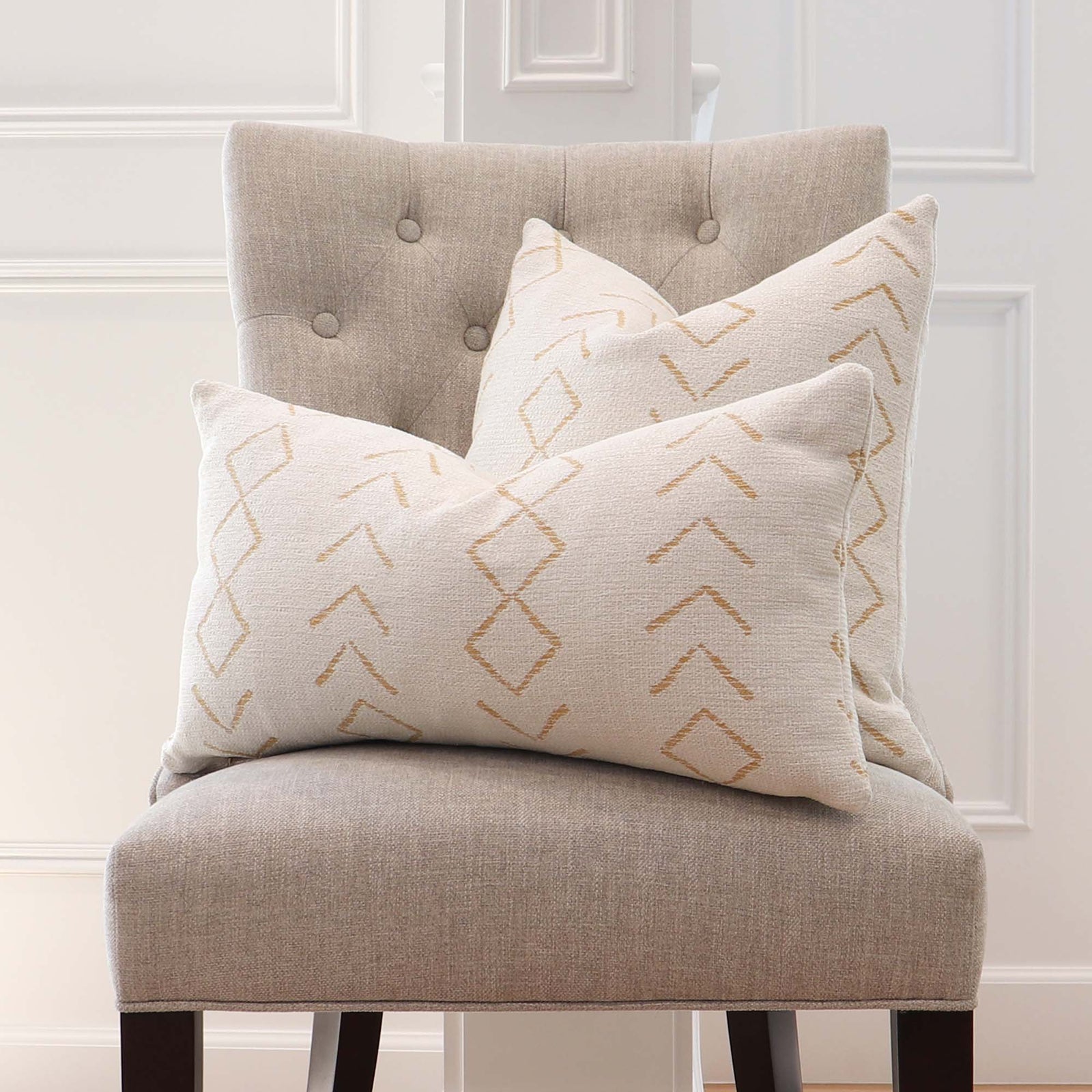 Thibaut Performance Anasazi Straw Yellow Woven Striped Designer Luxury Throw Pillow Cover on White Chair