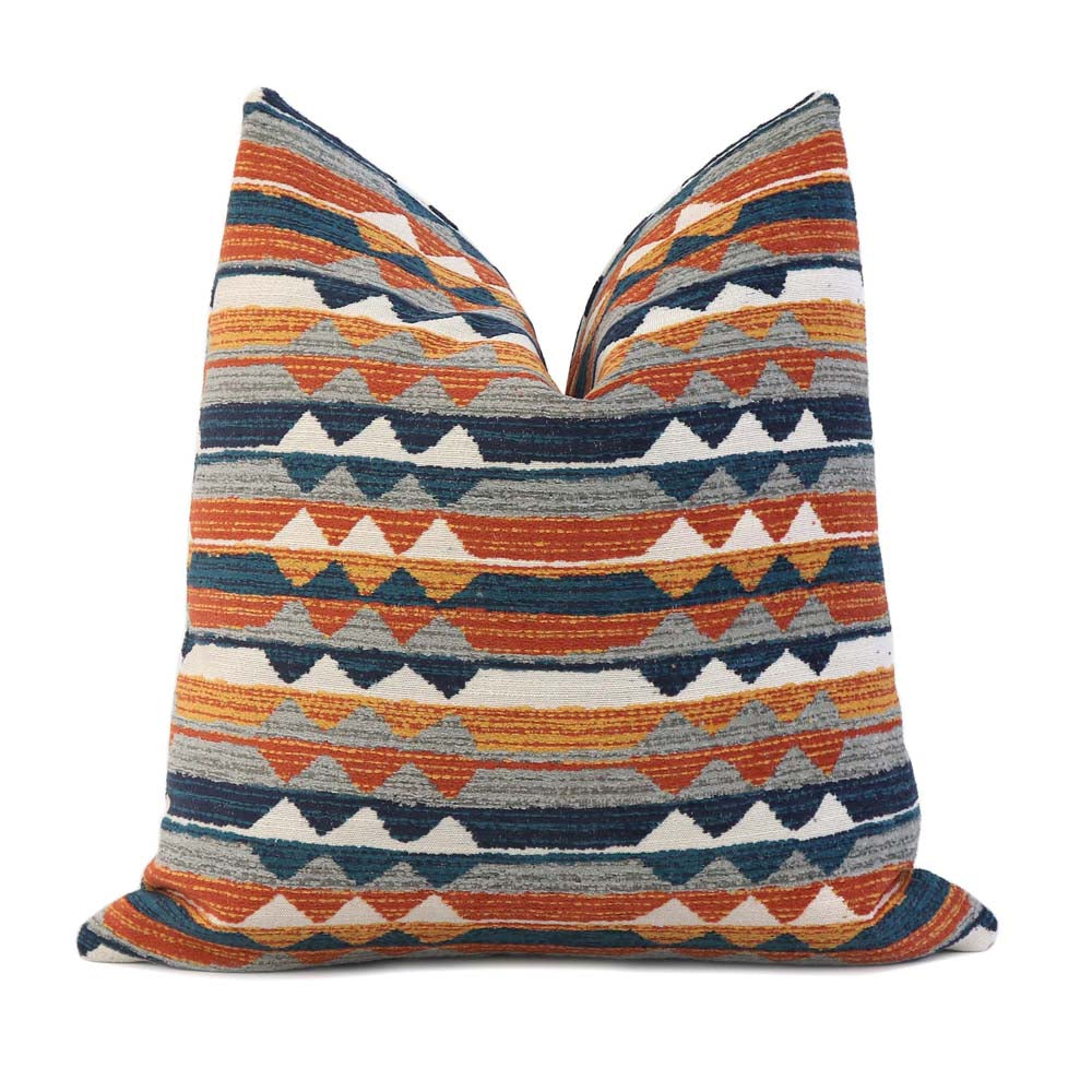 Thibaut Performance Saranac Canyon Orange Blue Woven Ikat Kilim Pattern Designer Luxury Throw Pillow Cover