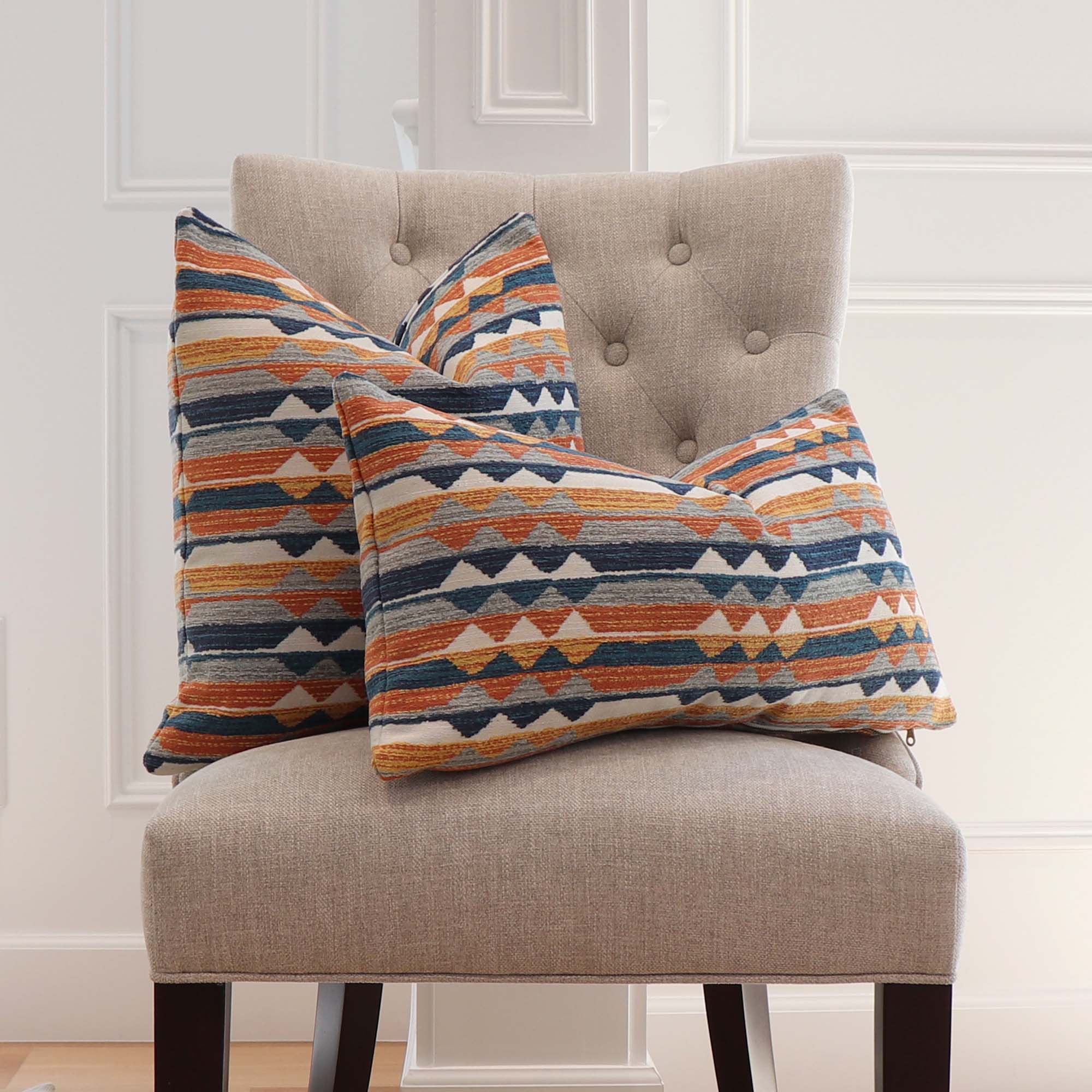 Thibaut Performance Saranac Canyon Orange Blue Woven Ikat Kilim Pattern Designer Luxury Throw Pillow Cover on Dining Chair in Home