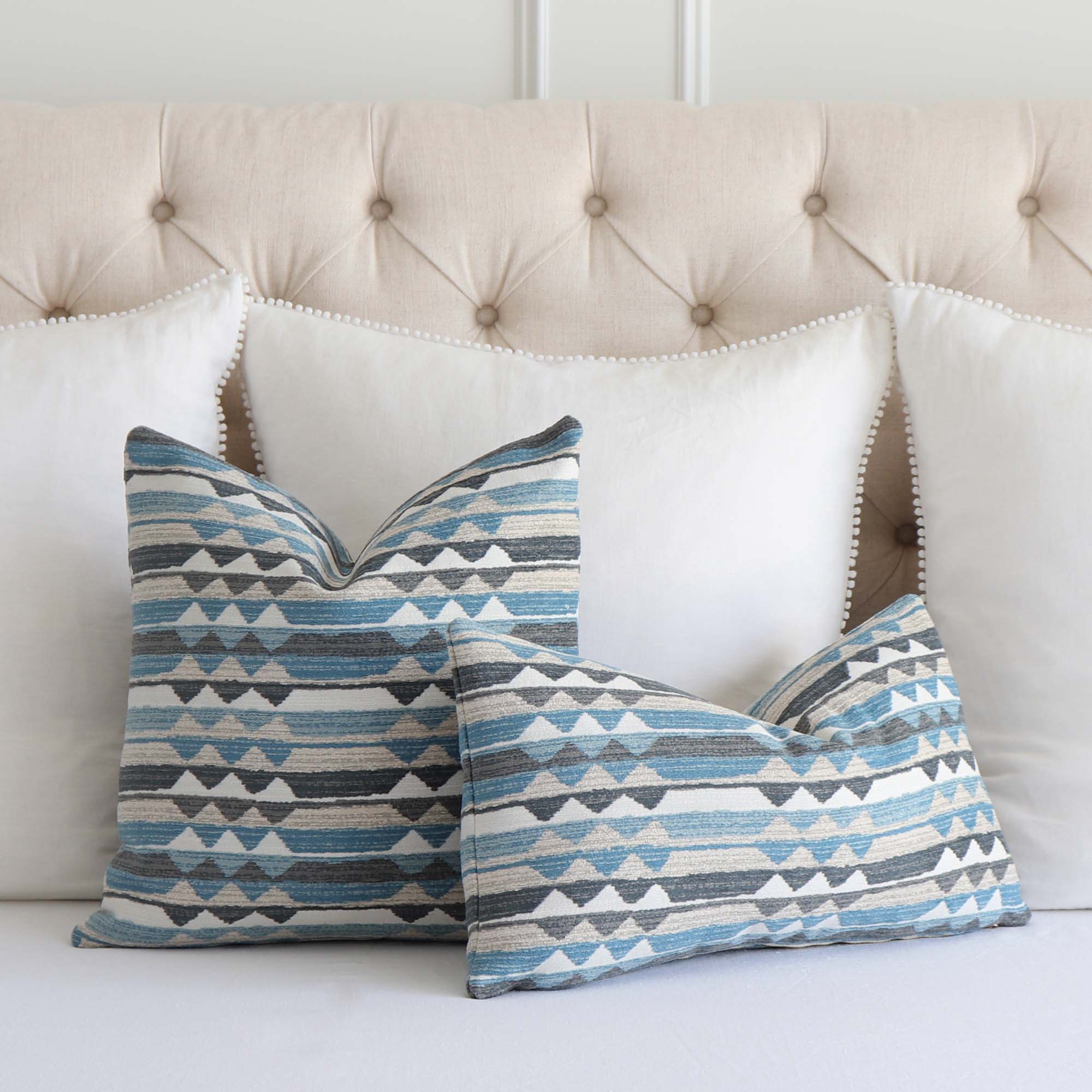 Thibuat Performance Fabric Waterfall Blue Woven Ikat Kilim Pattern Designer Luxury Throw Pillow Cover on Bed